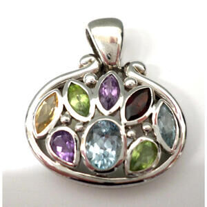 Sterling Silver 925 Large Oval Multi Gemstone Pendant 10 grams